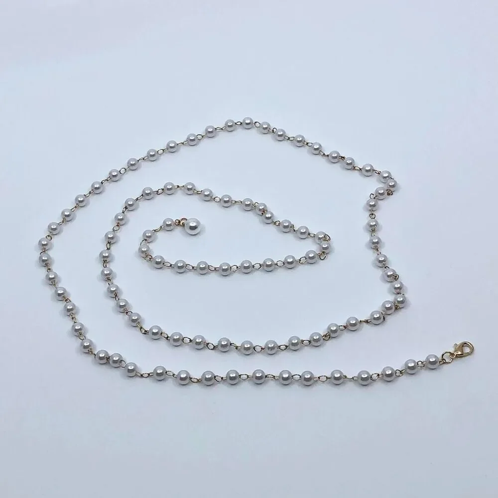 White Faux Pearl Gold Coquette Body Chain Belt, Fits Up to 42 Inches, X7GA1241